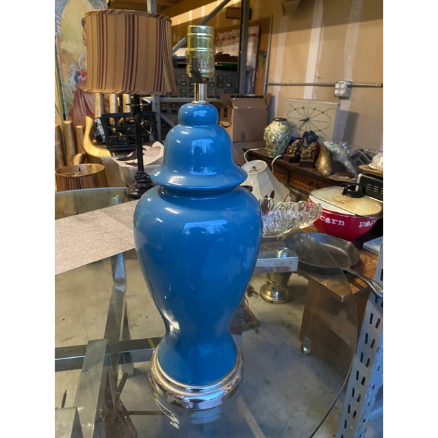 1970s Blue Ginger Jar Lamp For Sale - Image 4 of 4