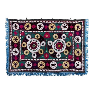 4.7x6.7 ft Suzani Textile Silk Embroidery Wall Hanging, Colorful Uzbek Bedspread For Sale