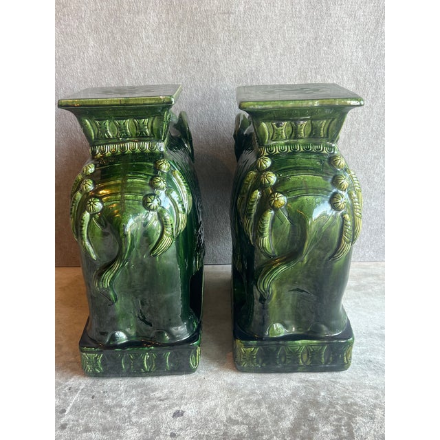 Late 20th Century Large Pair of Palm Beach Regency Style Green Glazed Ceramic Elephant Stands or Stools For Sale - Image 12 of 13