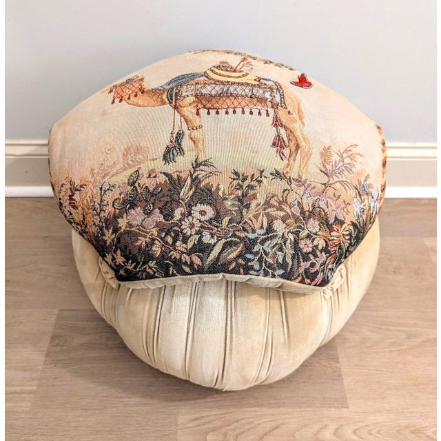 French Provincial Vintage Camel Tapestry Pillow Top Pouf Ottoman For Sale - Image 3 of 15