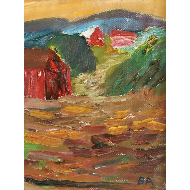 Mid-Century Modern 'Crimson Barns at Dusk' Vintage Original Landscape Oil Painting, Framed For Sale - Image 9 of 11