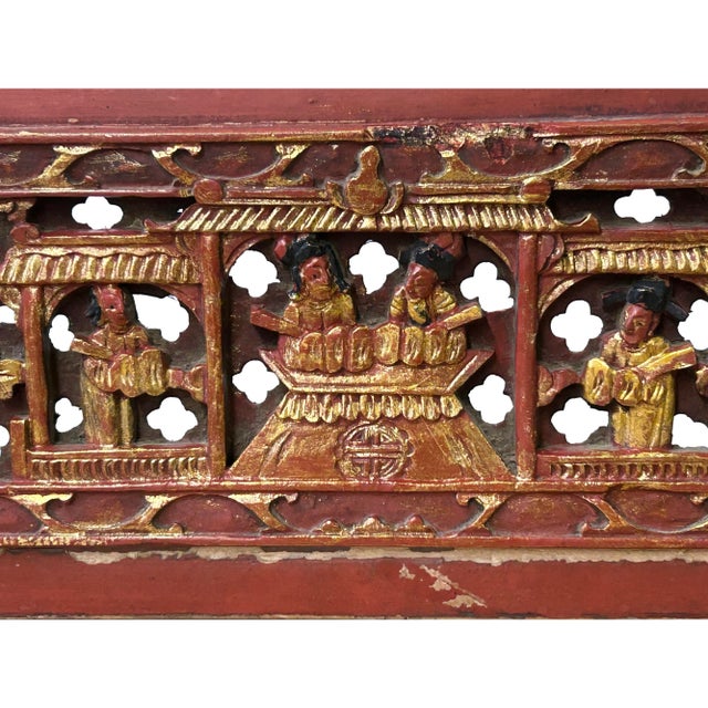 Wood Chinese Vintage Wood Red Golden Relief Carving Wall Hanging Art Plaque For Sale - Image 7 of 7