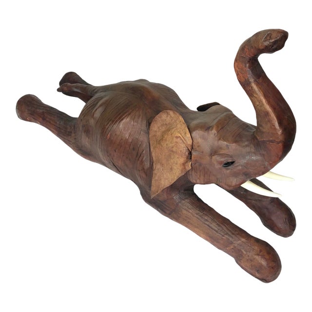 Vintage Leather Covered Elephant Figure With Glass Eyes For Sale
