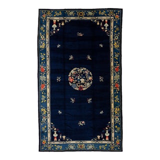 Antique Chinese Art Deco Rug in Deep Blue With Medallion & Botanical Motifs For Sale