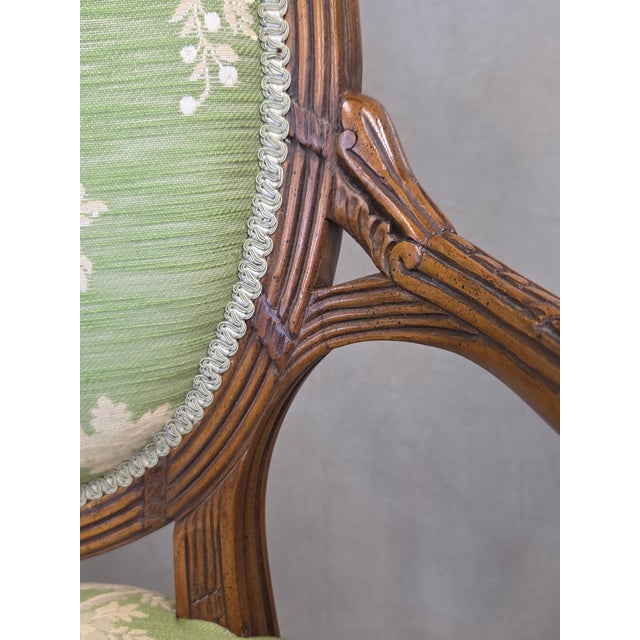 Late 20th Century Vintage French Louis XVI Style Armchairs With Green and Cream Upholstery - A Pair For Sale - Image 5 of 12