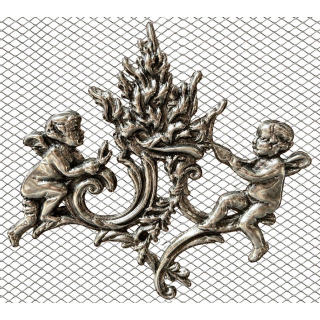 Antique French Style Three Panel Silver Cherubs Decor Metal Fireplace Screen For Sale - Image 4 of 7