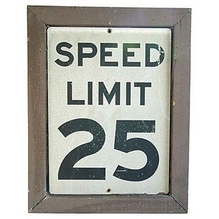 Large 1950s Metal Speed Limit Sign w/ Wood Frame For Sale