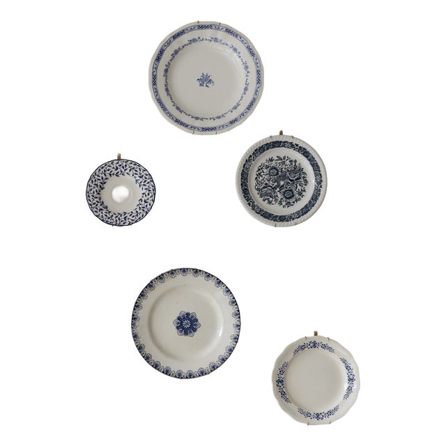 Wall Plates in Bleu and White Earthenware, 1950s, Set of 5 For Sale