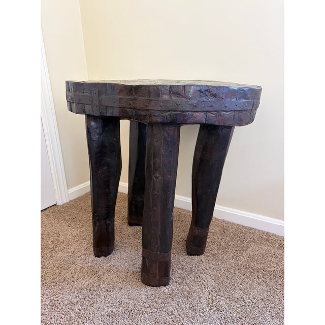 Contemporary Antique Hand-Carved Wood and Iron Side Table With Sculptural Primitive Form For Sale - Image 3 of 14