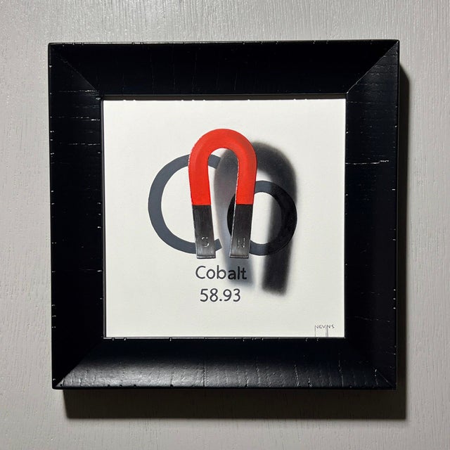 This oil on board piece features a striking depiction of a red magnet against a minimalist background, emphasizing the...