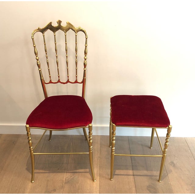 1940s Italian Brass Chiavari Chair and Stool, Seats Covered in Red Velvet- 2 Pieces For Sale - Image 6 of 12