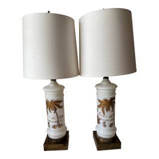 Mid 20th Century Hollywood Regency Midcentury Gold and White Hand Painted Opaline Palm Tree Table Lamps - a Pair For Sale