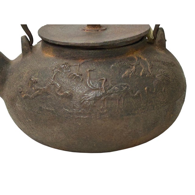 Vintage Rustic Mixed Iron Relief Cranes Motif Teapot Shape Display Art For Sale - Image 10 of 11