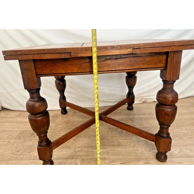 Early 20th Century English Tudor Expansion Table Turned Baluster Legs Quarter Sawn Oak, X-Stretcher 1a For Sale - Image 12 of 16