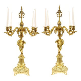 Gilt Bronze Candelabras Figural Cherub Ormolu, Set of 2 For Sale