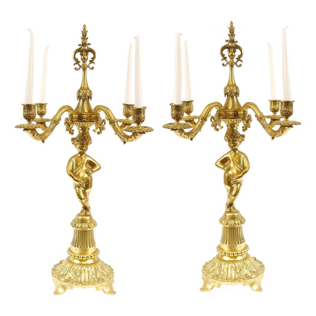 Gilt Bronze Candelabras Figural Cherub Ormolu, Set of 2 For Sale