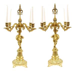 Gilt Bronze Candelabras Figural Cherub Ormolu, Set of 2