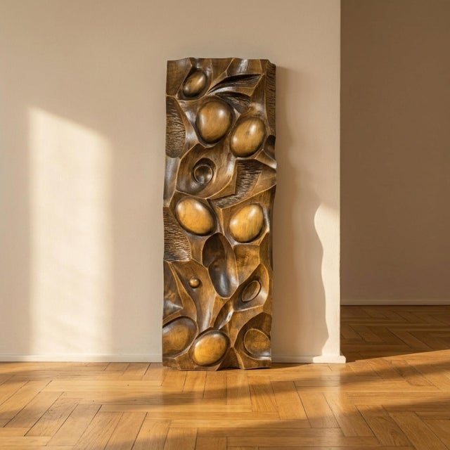 Brown Mid-Century Carved Wood Wall Panel For Sale - Image 8 of 8