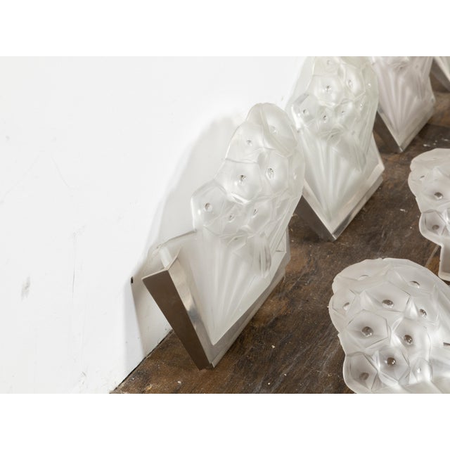Early 20th Century Art Deco Period Molded Glass Wall Sconces in Silvered Metal Mounts - Pair For Sale - Image 9 of 10