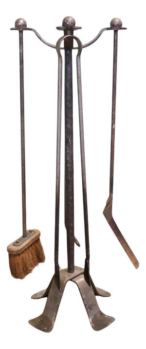French Gothic Iron Manor House Fire Tools, Set of 4