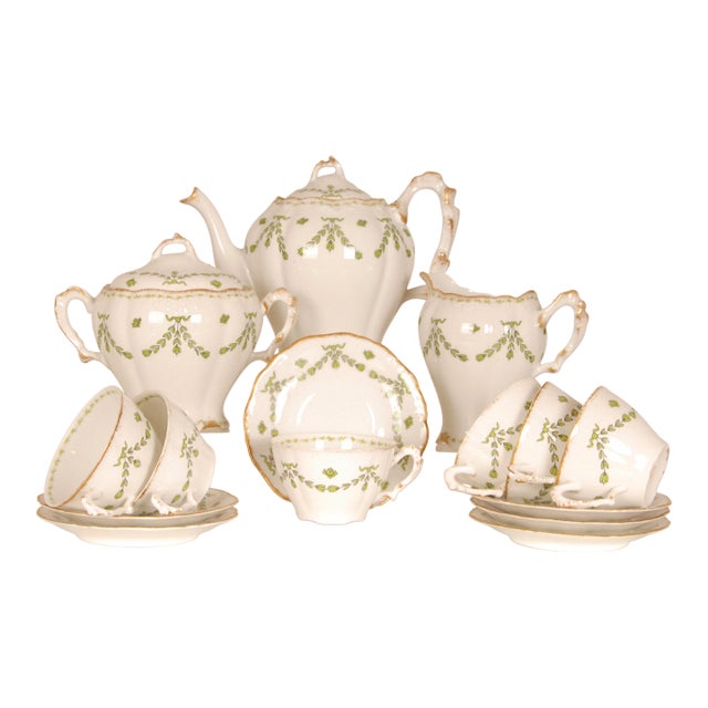 Limoges Porcelain Tea Set Art Nouveau Late 19th Century French A. Lanternier Floral Decor 15 Pieces For Sale