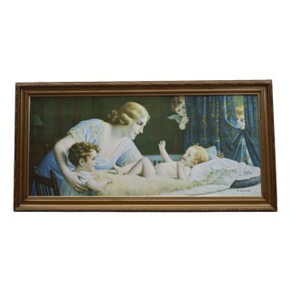Bedtime Scene Lithograph on Canvas with Frame, Italy, 1930 For Sale