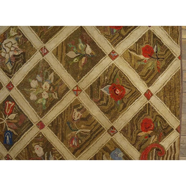 Mid 19th Century 1870s Brown Diamond Folk Art Antique American Hooked Rug 5'0" X 7'3" Woven Wool Carpet For Sale - Image 5 of 9