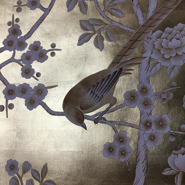 Not Yet Made - Made To Order Silver Leaf Chinoiserie Hand-Painted Pale Blue Peony & Bird Wall Panels (Set of 5) For Sale - Image 5 of 15