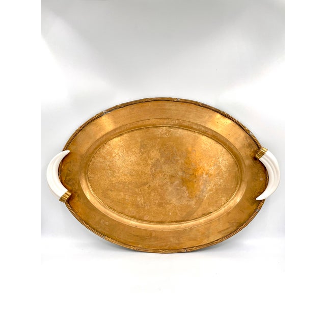 Brass Vintage Italian Hollywood Regency Oval Statement Size Brass Tray With Faux Boar Tusk Handles and Cross Strap Trim For Sale - Image 8 of 16