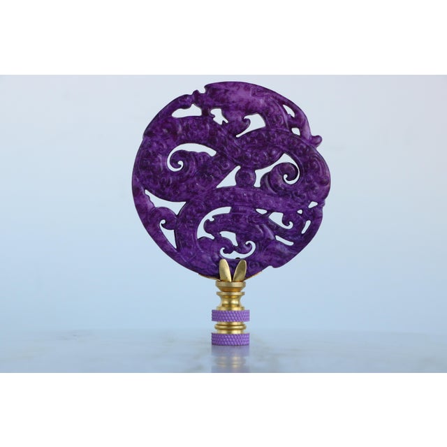 Purple Chinese Carved Stone Dragon Lamp Finials on Brass Hardware - A Matching Pair For Sale - Image 8 of 8