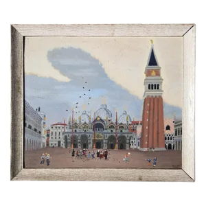 Vintage 1960 John Orr Oil on Canvas Board Folk Art Scene of Venice Italy