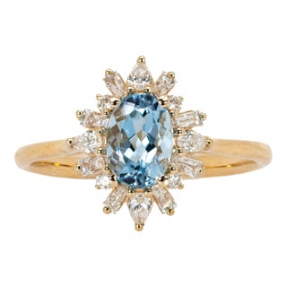 Oval 7x5mm Brazilian Aquamarine Ring With Earth Mined Diamonds in Solid 14k Gold, Size 6.75 For Sale
