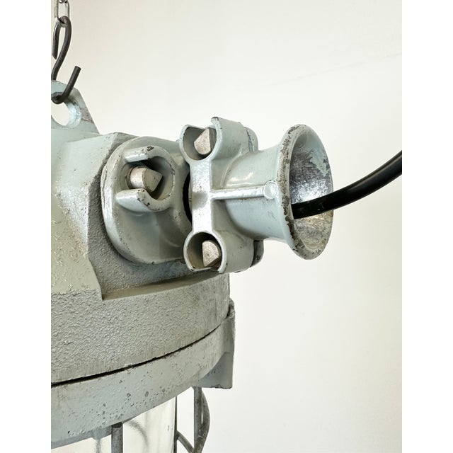 Industrial Grey Bunker Ceiling Light with Iron Cage from Elektrosvit, 1970s For Sale - Image 9 of 18