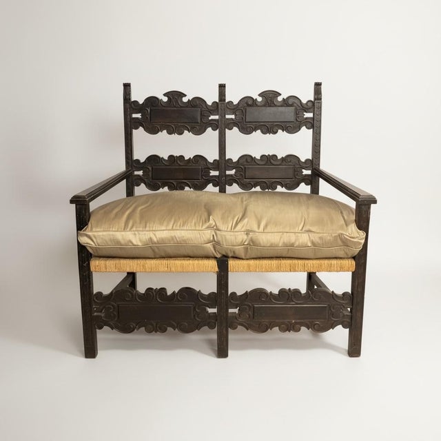 19th-C. French Ebonized Carved Oak Settee With Rush Seat & Silk Down Cushion For Sale - Image 10 of 11
