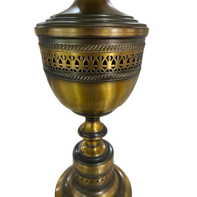 Mid-Century Burnished Brass Lamp With Box Pleat Shade For Sale - Image 4 of 7