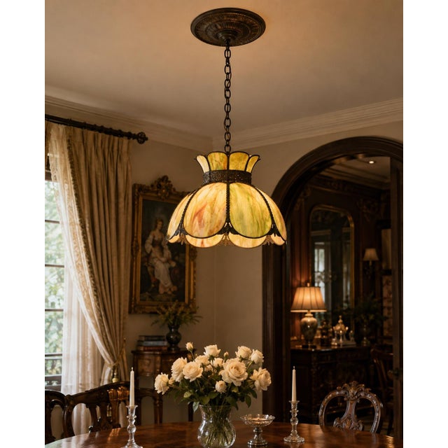 A beautifully crafted avocado colored, antique ceiling light shade (shade only, needs wiring), featuring richly colored...