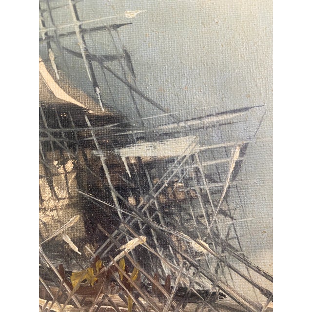 Light Gray Mid Century Nautical Ship Oil on Canvas For Sale - Image 8 of 10