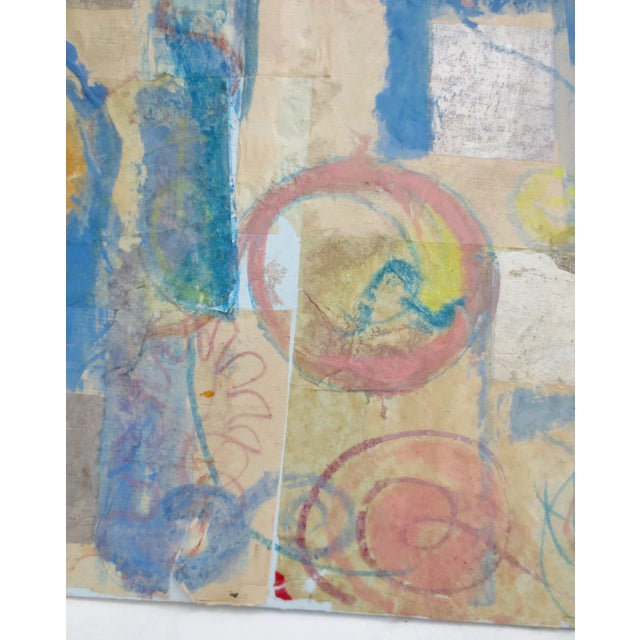 Pretty, lively, energetic, and elaborate pattern of simple scrolls and color planes, pink, blue, and yellow bounce across...