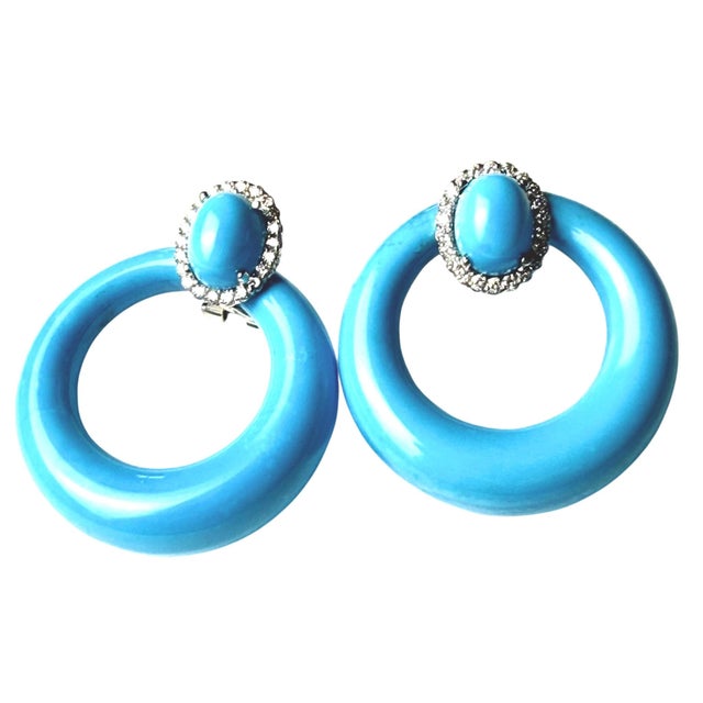 Modern 14KYl Gold Door Knocker Clip-on Earrings With Turquoise & Diamond 66.46ct Status:Published - Marketplace, Pair For Sale - Image 3 of 9