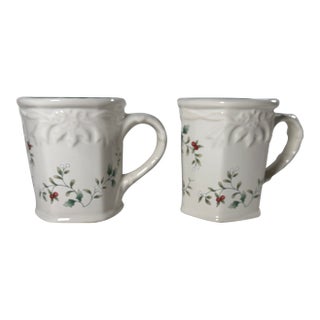 Pfaltgraff Winterberry Sculpted Mug - Set of 2, Stoneware, Holly & Berries, Scalloped Rim For Sale