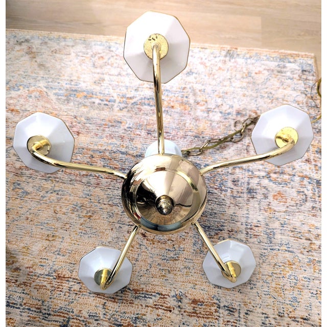 Metal Vintage Brass & White Porcelain 5-Light Chandelier Gilded Georgian For Sale - Image 7 of 12