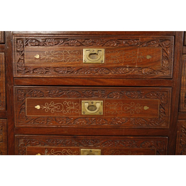 Vintage Campaign Style Inlaid Walnut Dresser Chest, Brass Inlay Carved Wood 10 Drawer Cabinet For Sale - Image 11 of 18