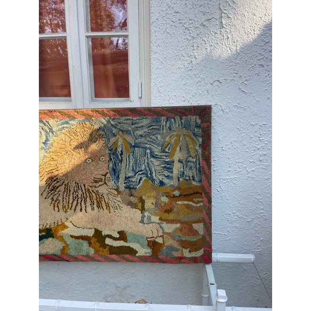 American Large Antique Hooked Rug of a Lion With Palms For Sale - Image 3 of 12