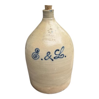 Early 20th Century J. Fisher Lyons Ny 4 Gallon E & L Blue Script Decorated Stoneware Crock Jug For Sale