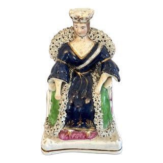 Antique Staffordshire Ceramic Flatback Seated Queen Victoria Figure in Cobalt Blue, 1850 For Sale