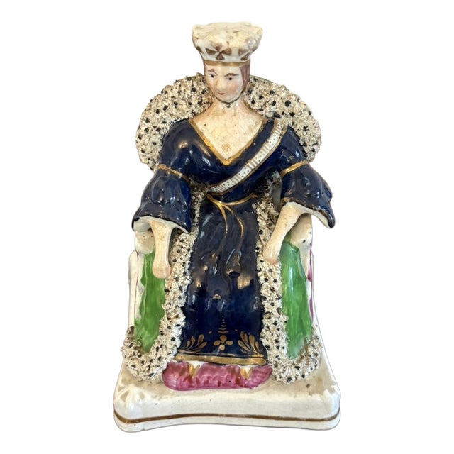 Antique Staffordshire Ceramic Flatback Seated Queen Victoria Figure in Cobalt Blue, 1850 For Sale