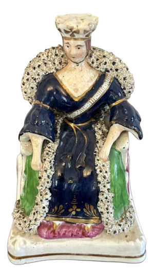 Antique Staffordshire Ceramic Flatback Seated Queen Victoria Figure in Cobalt Blue, 1850
