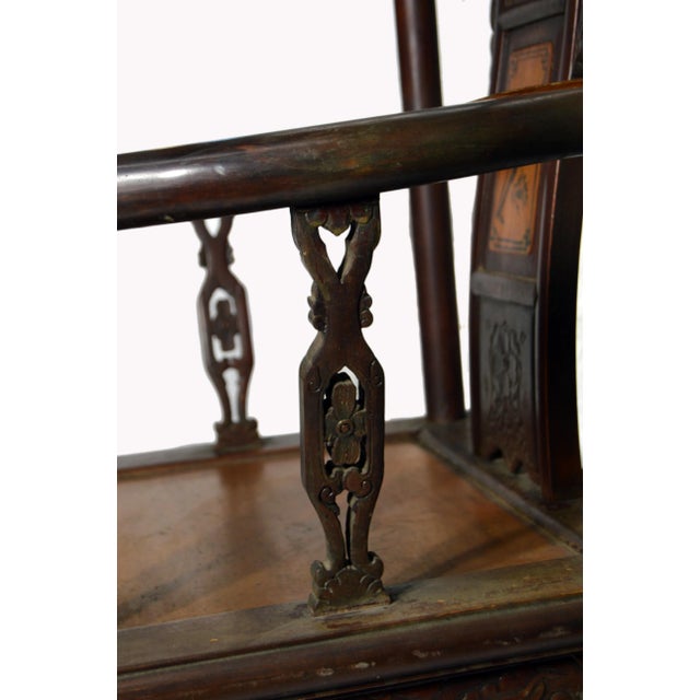 Mid 19th Century Chinese Hand-Carved Yumu Wood Armchair With Painted Scenes For Sale - Image 5 of 8