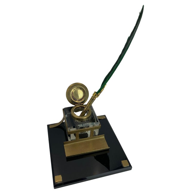 Art Deco Lacquered Desk Set with Brass Bound Bevelled Glass Inkwell. with Brass Mounts Raised On Four Brass Feet. Perfect...