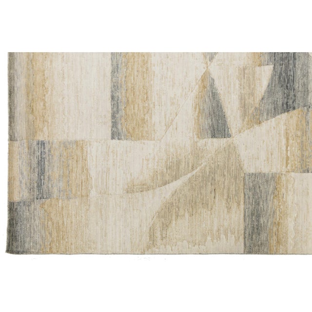 Textile Modern Abstract Gridded Hand-Loomed Rug in Gray and Sand 8x10 For Sale - Image 7 of 10